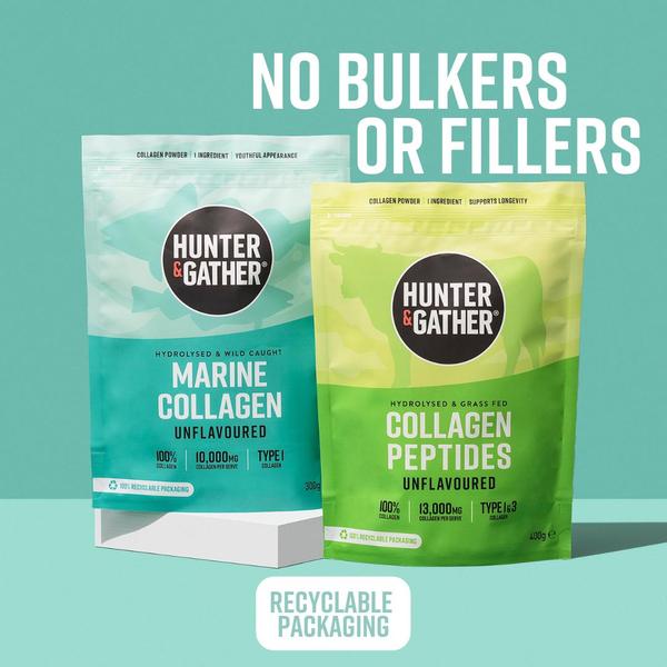A square-format static ad highlighting the natural, clean ingredients of two collagen product variants against a plain background.